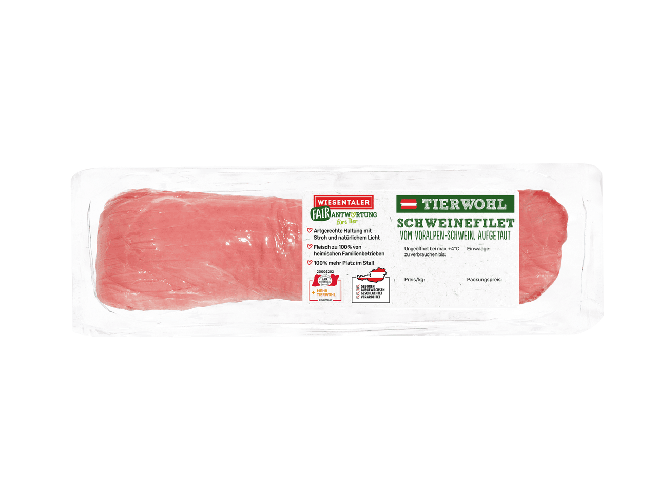 Wiesentaler Schweinefilet in einer transparenten Verpackung mit Tierwohl-Siegel.