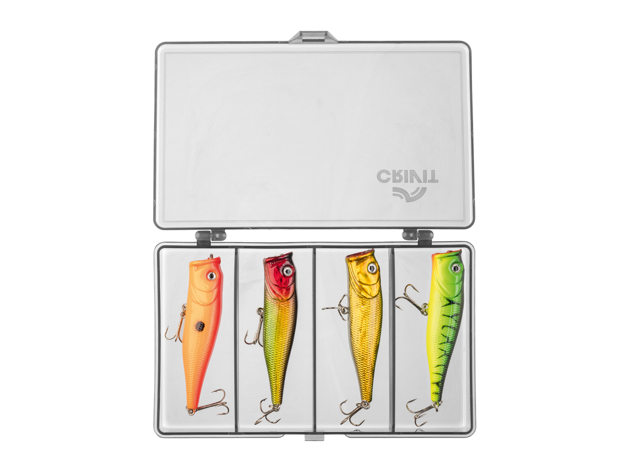 Σετ δολωμάτων ψαρέματος CRIVIT σε κουτί, με τέσσερα διαφορετικά χρώματα: πορτοκαλί, κόκκινο-πράσινο, χρυσό και πράσινο.