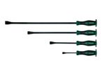 Four Parkside screwdrivers of varying lengths with black shafts and green and black handles.