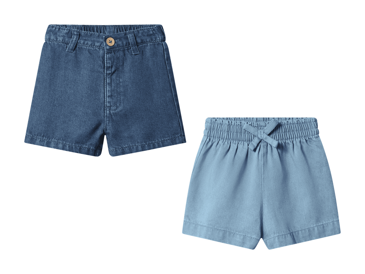Due pantaloncini per bambini: uno in jeans blu scuro e uno in tessuto azzurro.