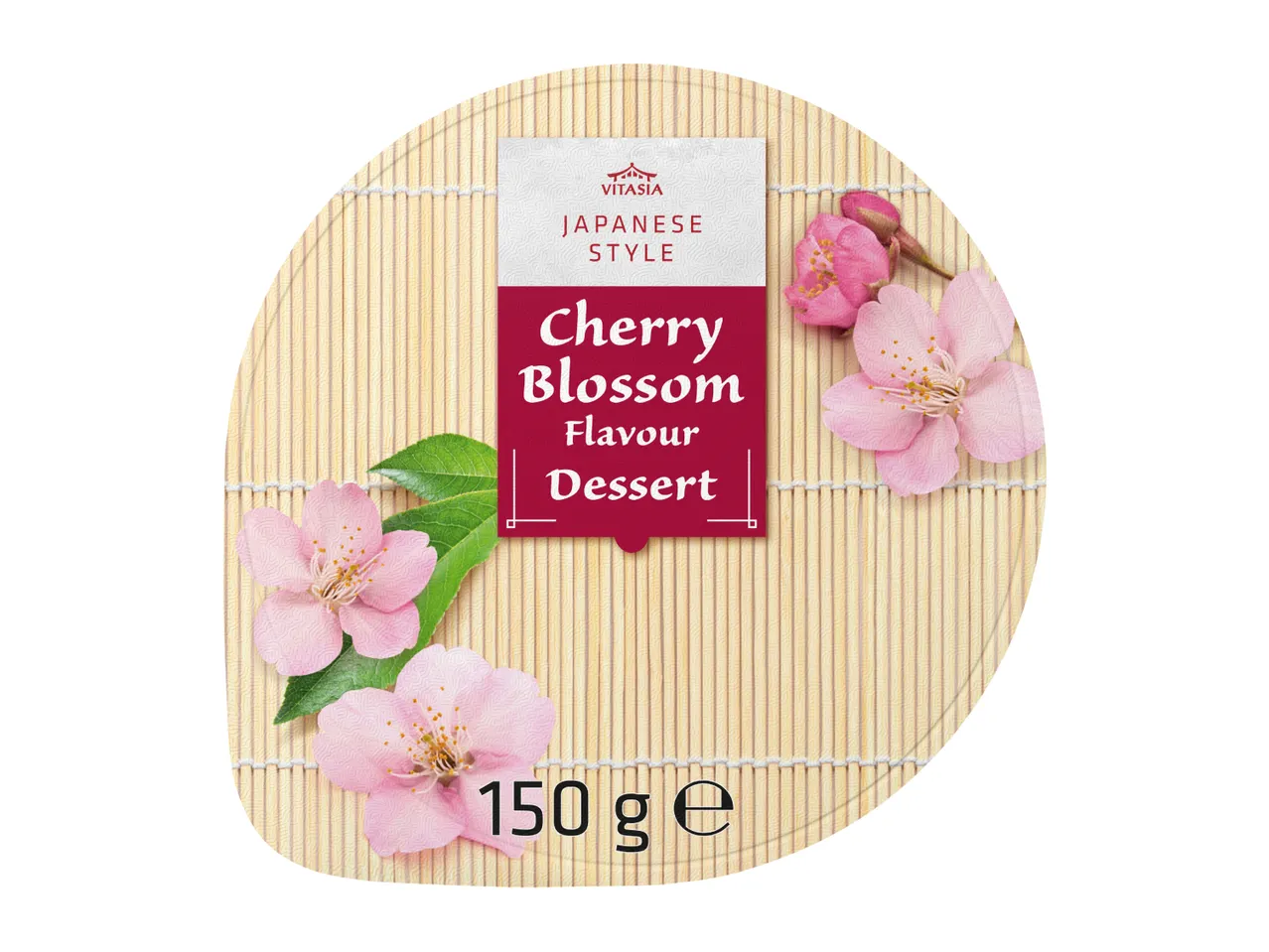 Japanese-style cherry blossom flavour dessert, 150g, on a bamboo mat background.