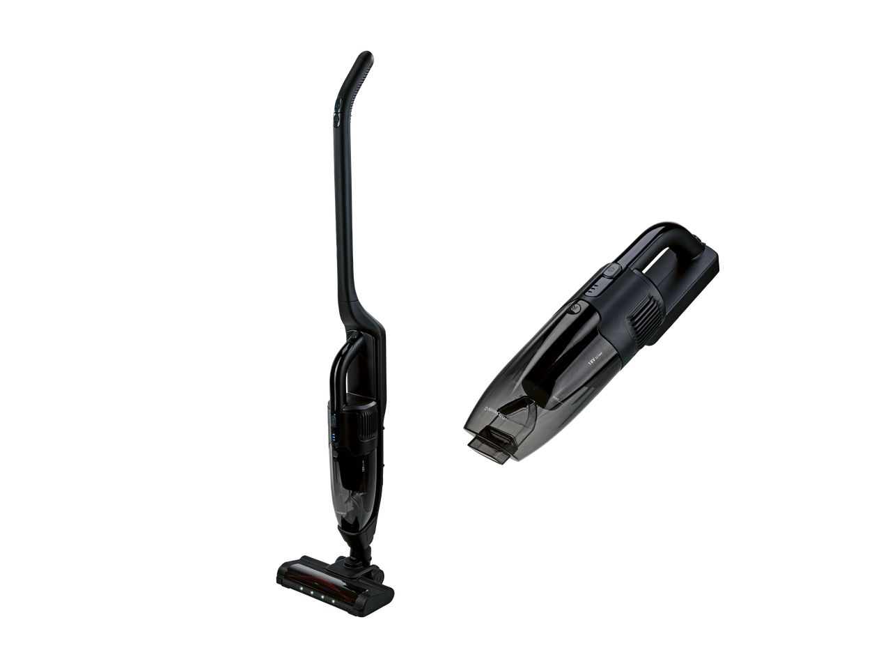 Pokončni sesalnik in ročni sesalnik v črni barvi.