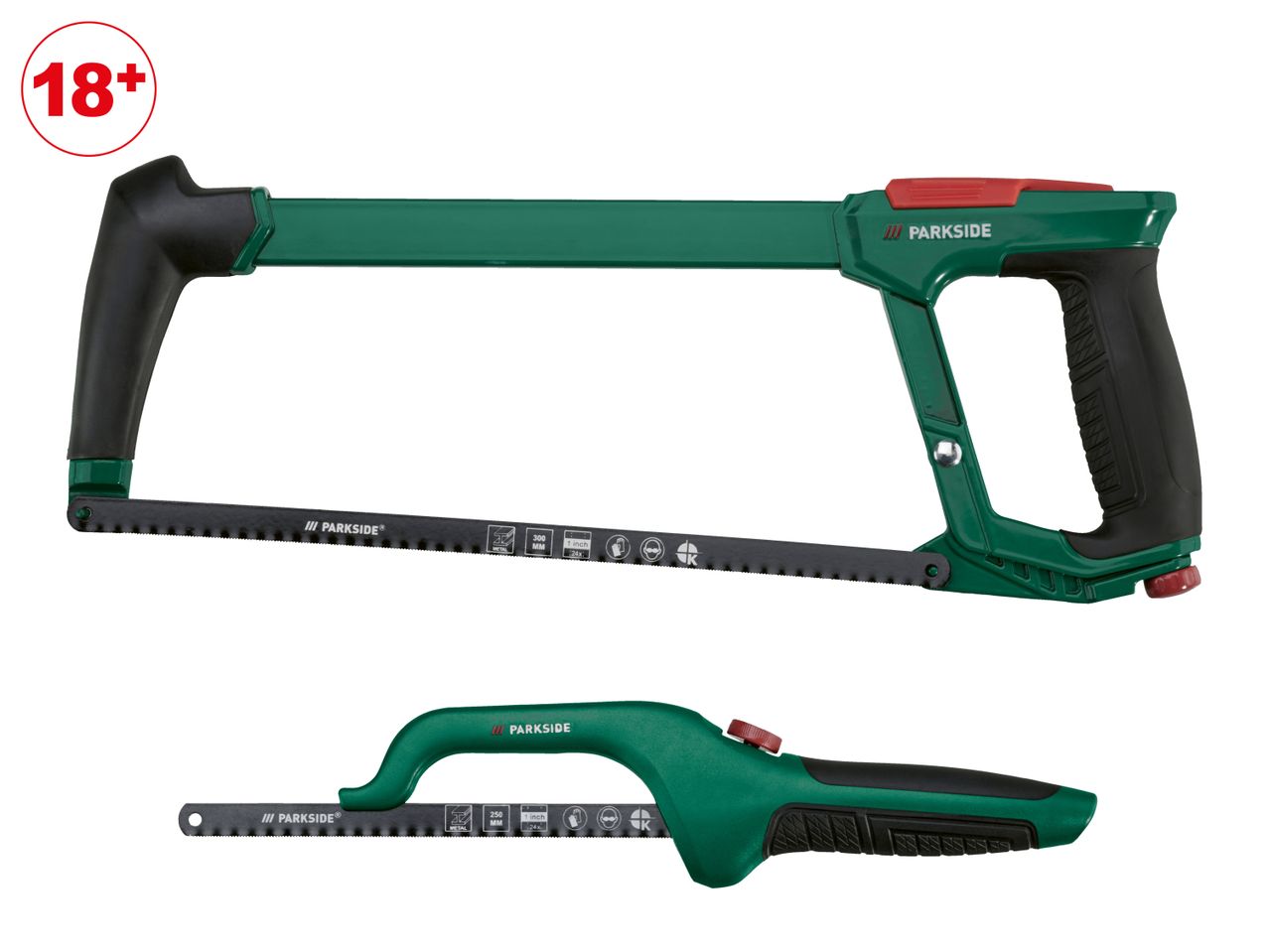 Two hacksaws, one large and one small, with green frames and black handles, for cutting metal.