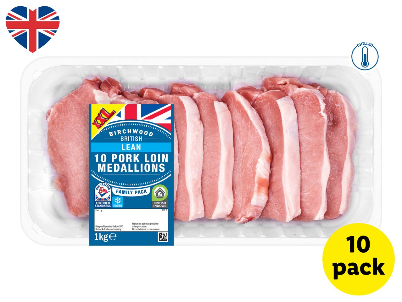 Pack of 10 British lean pork loin medallions, 1kg, chilled and freezable.