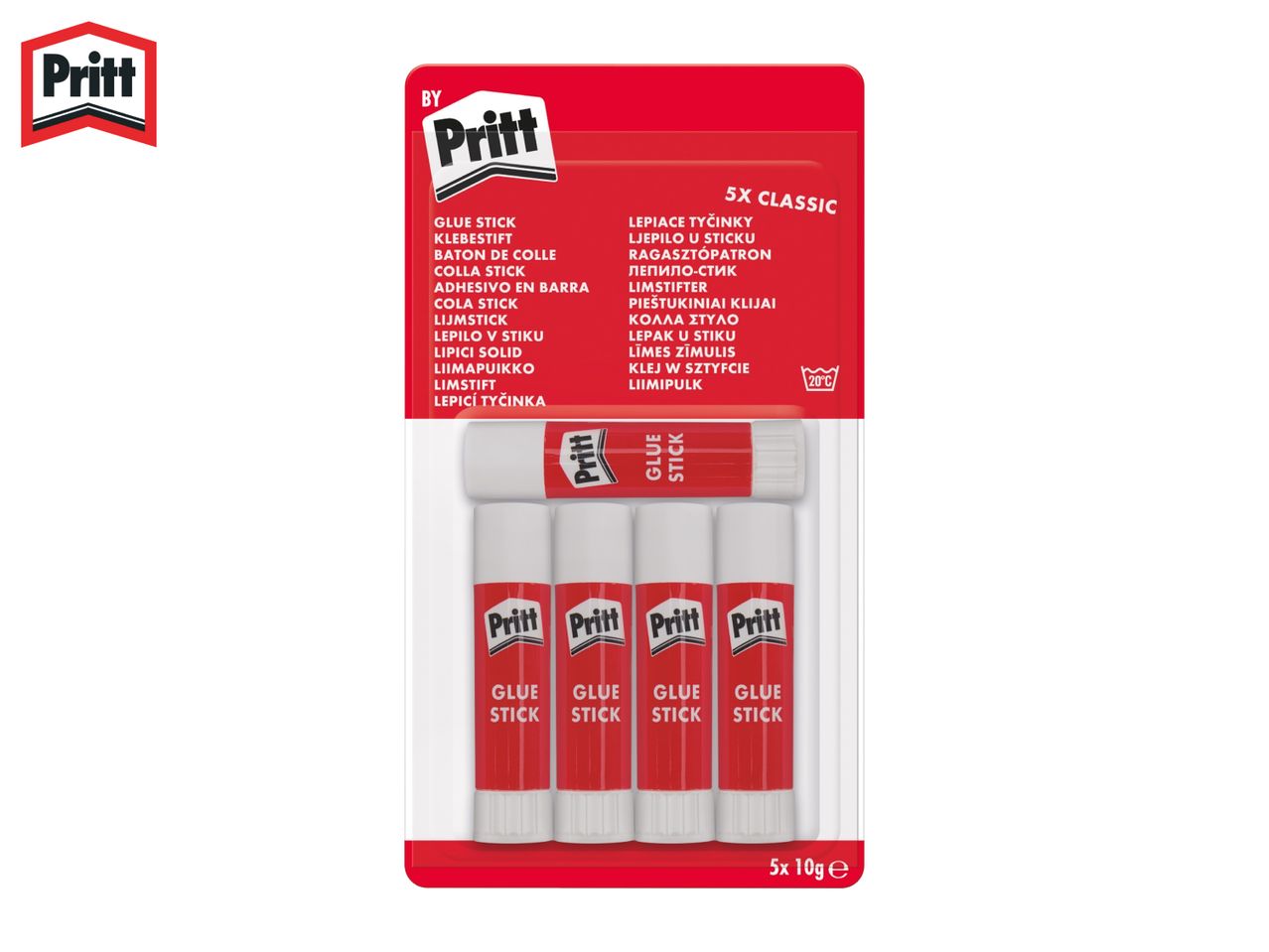 Five glue sticks in a pack, with product information in multiple languages.