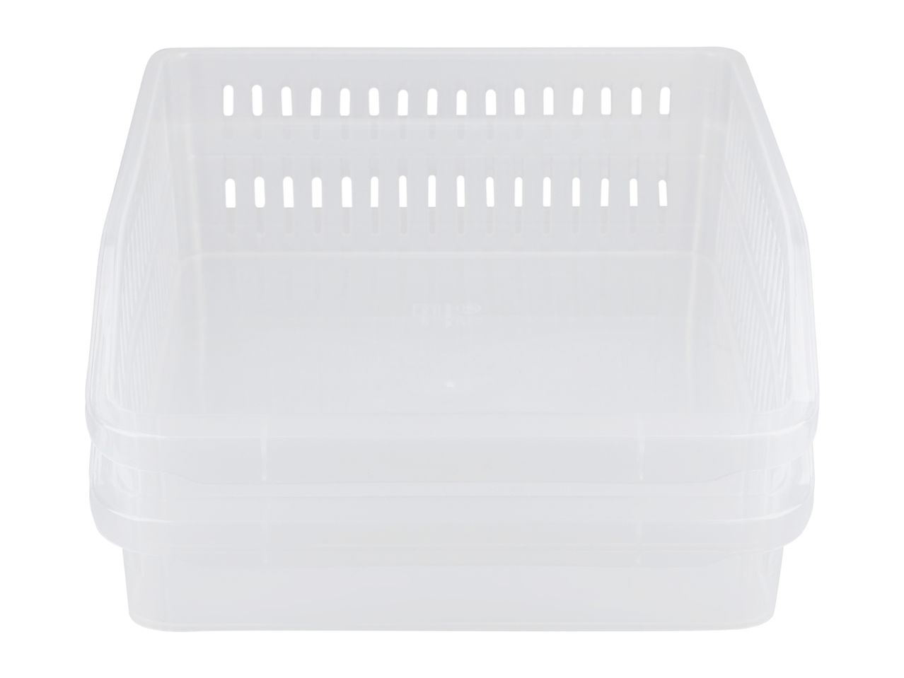 Clear plastic storage basket with ventilation holes