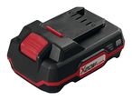 A black and red power tool battery pack with a charge indicator and release button.