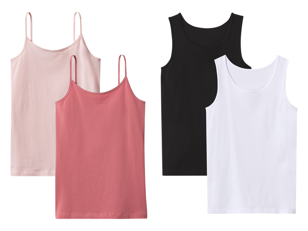 Set od četiri potkošulje: dvije na naramenice u ružičastoj boji i dvije bez rukava u crnoj i bijeloj boji.