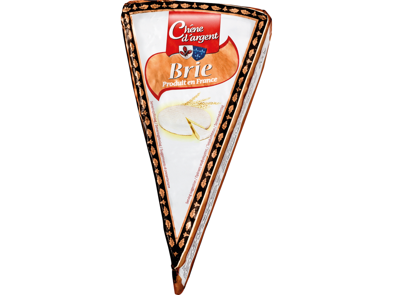 En triangelformad förpackning av Chêne d'argent Brie-ost från Frankrike.