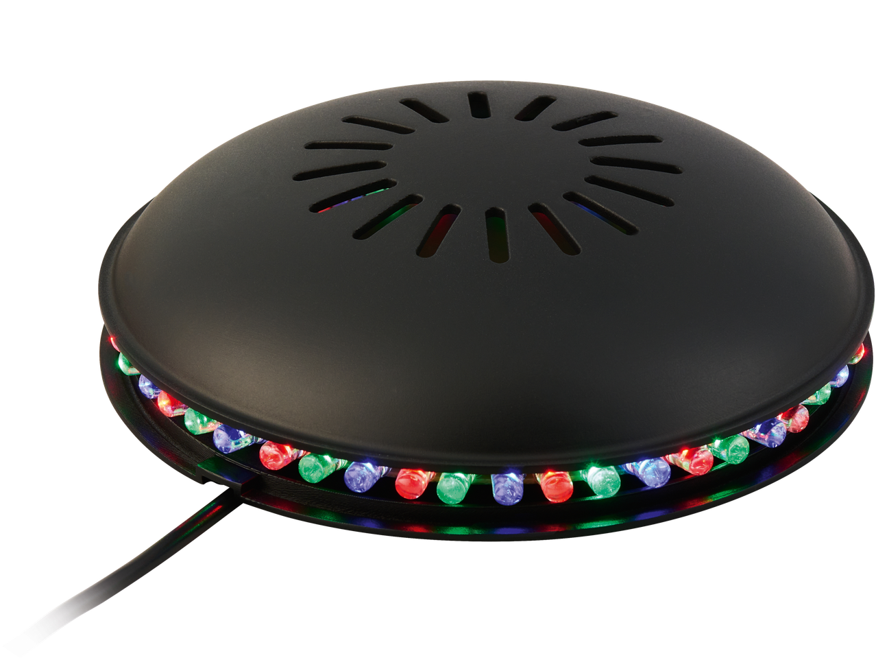 Livarno LED-Lichtrad: Schwarze kuppelförmige Leuchte mit bunten LEDs am Sockel.