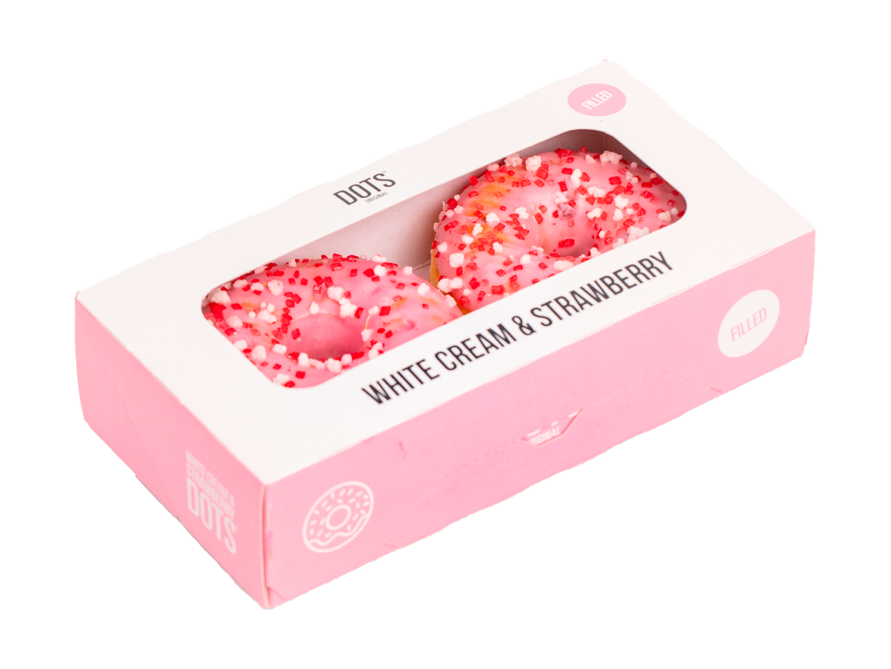Două gogoși roz cu glazură și biluțe, într-o cutie, etichetate „WHITE CREAM & STRAWBERRY”