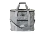 Grey cooler bag with top and front zippers, handles, and a shoulder strap.