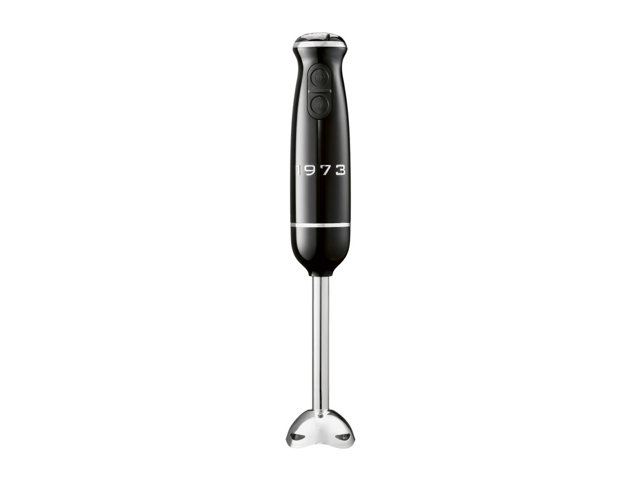 Black hand blender with silver details and the year 1973 printed on the front