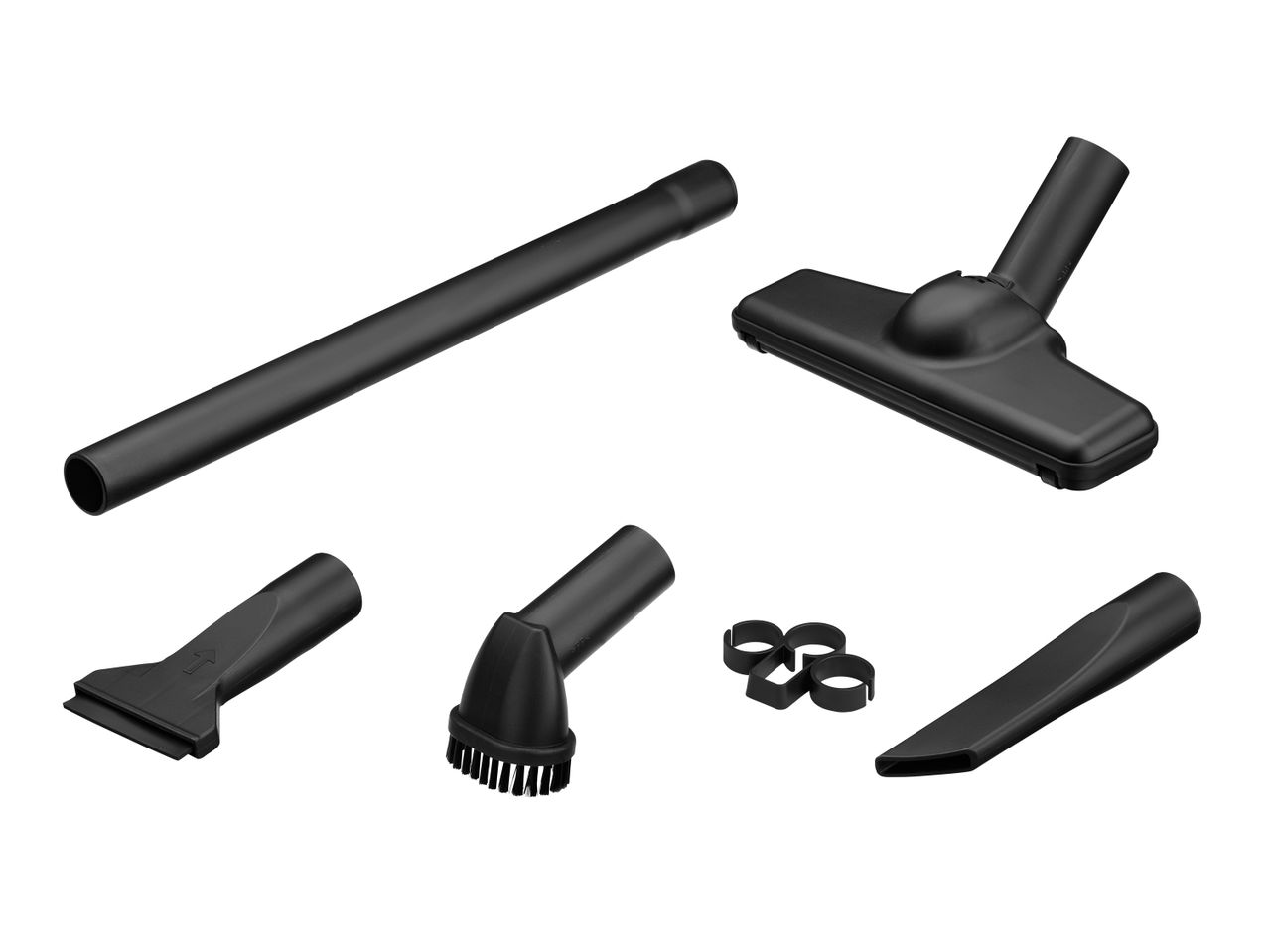 Black vacuum cleaner attachments: wand, floor nozzle, crevice tool, dusting brush, and wall-mounted holder.
