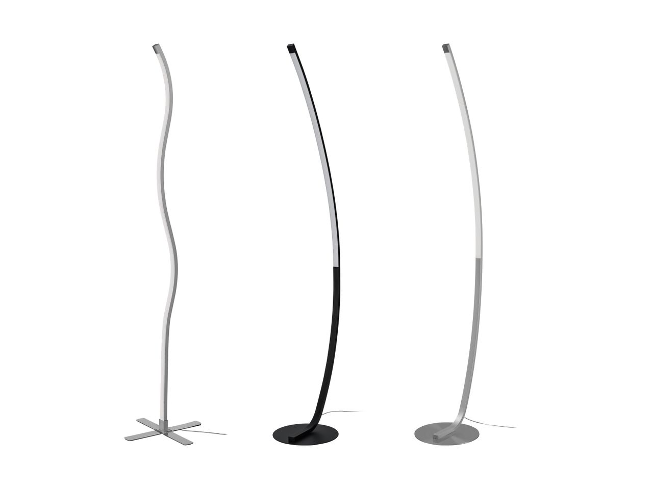 Tre moderne LED-gulvlamper i forskellige designs og farver.