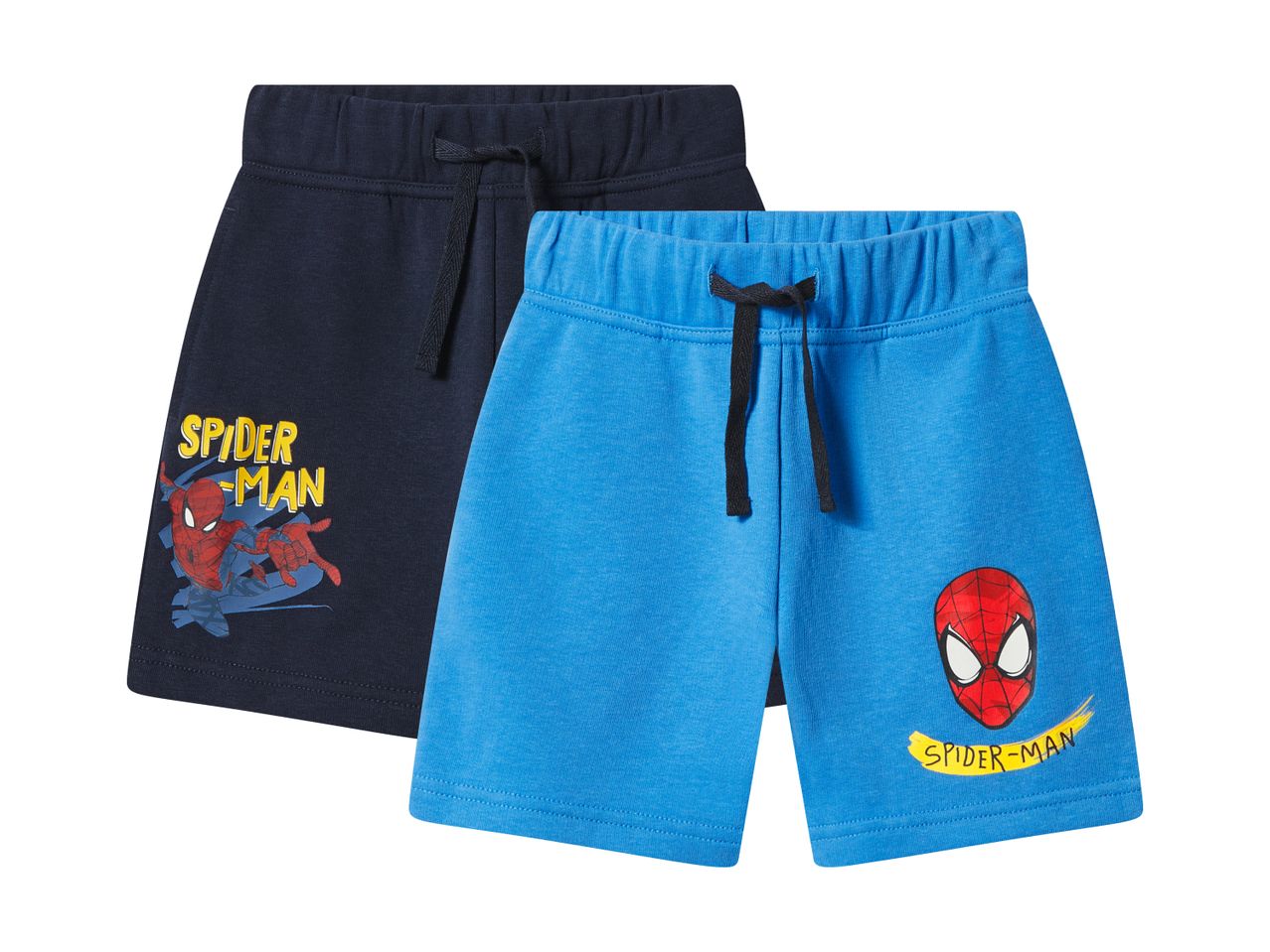 Two pairs of boys' shorts, one navy with a full Spider-Man graphic, one blue with a Spider-Man mask.