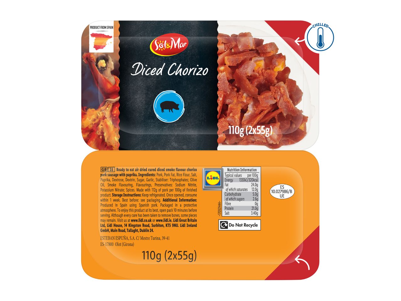 Diced chorizo with a Spanish-themed design, showing a flamenco dancer and product details.