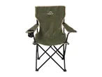 Green folding camping chair with armrests and a cup holder.