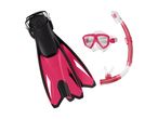 Pink og sort snorkeludstyr med svømmefødder, dykkermaske og snorkel.