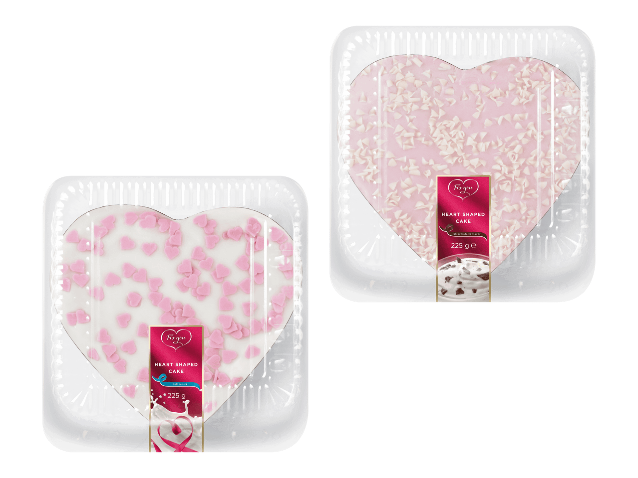 Kaksi sydämenmuotoista kakkua läpinäkyvissä pakkauksissa, toinen kirnupiimä- ja toinen stracciatella-makuinen.