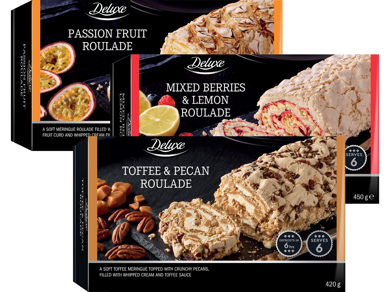 Tre rulltårtor: passionsfrukt, blandade bär och citron, samt kola och pekannöt.