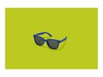 Blue sunglasses with dark lenses on a vibrant lime green background.