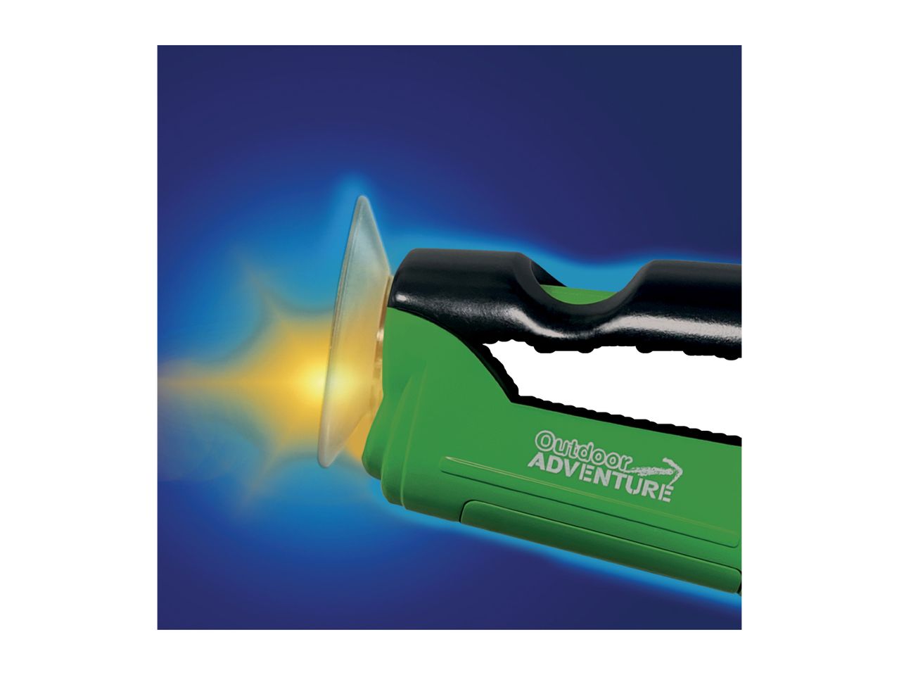 Green flashlight with a bright yellow beam, featuring 'Outdoor Adventure' text on its side.