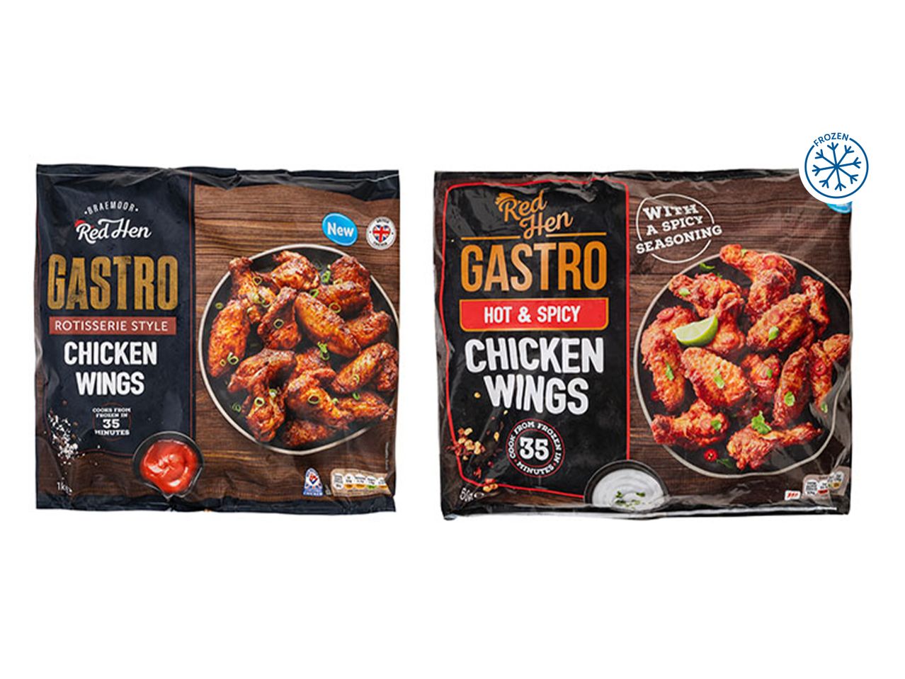 Two packages of Red Hen Gastro chicken wings, one rotisserie style and one hot & spicy.