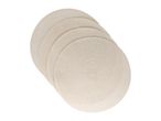 Stack of five round, woven beige placemats