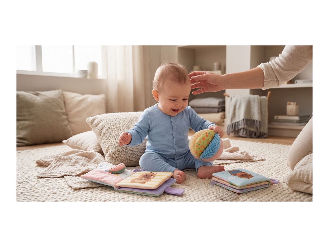 Happy baby in blue romper playing with soft toys and books on a cozy rug.
