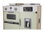 A wooden toy kitchen with an oven, stovetop, and refrigerator with an ice dispenser.
