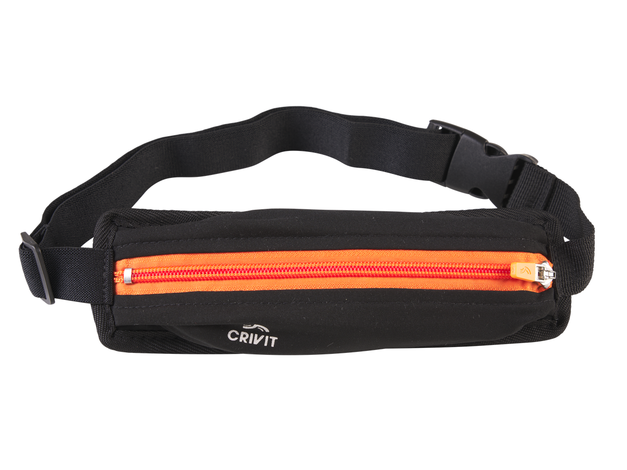 Black running belt with an orange zipper and adjustable strap.