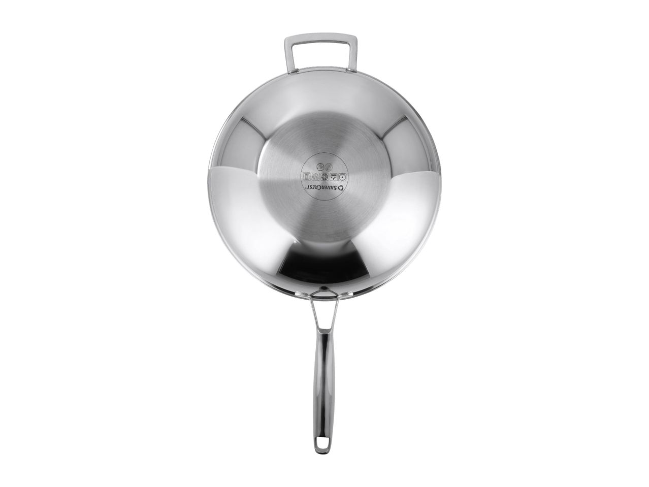 Stainless steel wok with two handles, viewed from the bottom, showing cooking symbols.