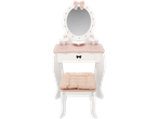 Lupilu wooden dressing table with mirror and stool, featuring pink accents and bows.