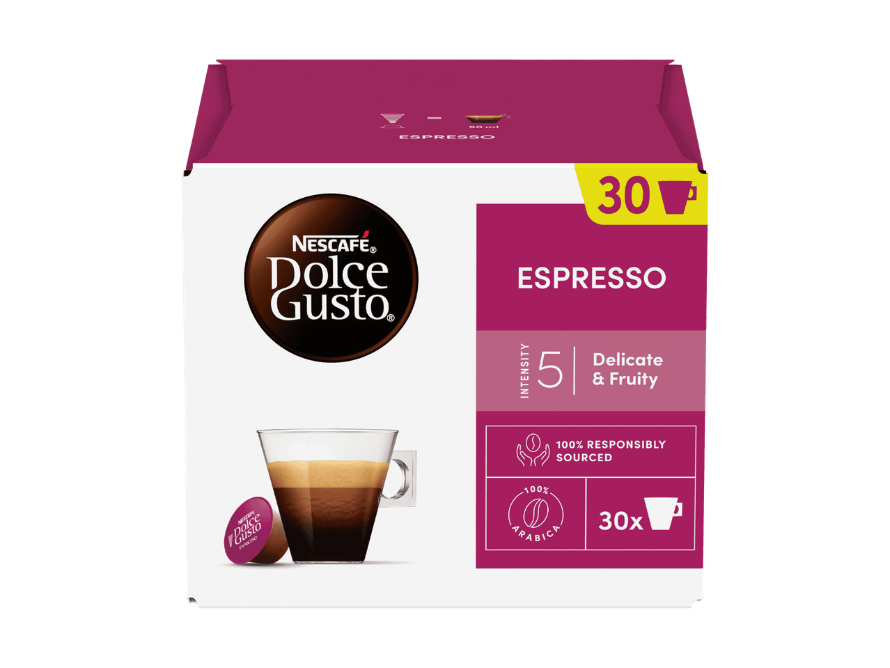 Boîte de 30 capsules d'espresso, intensité 5, délicat et fruité, 100% arabica.