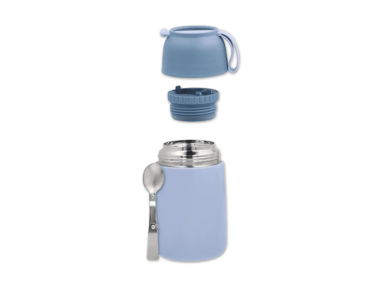 Blauer Thermobehälter mit Löffel, Deckel und Trinkbecher.