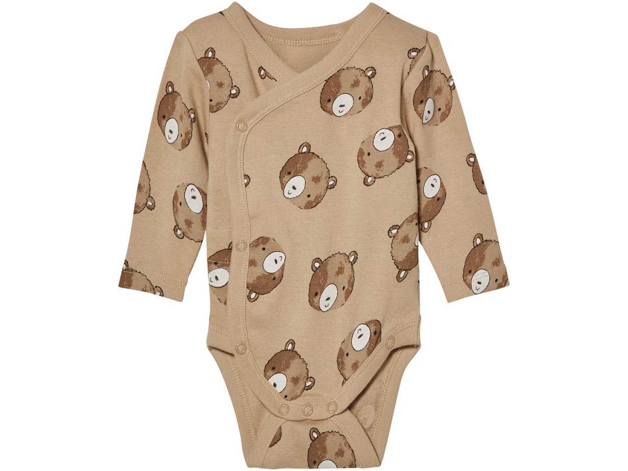 Lupilu® Baby Wrap-Over Bodysuit with a brown bear pattern.