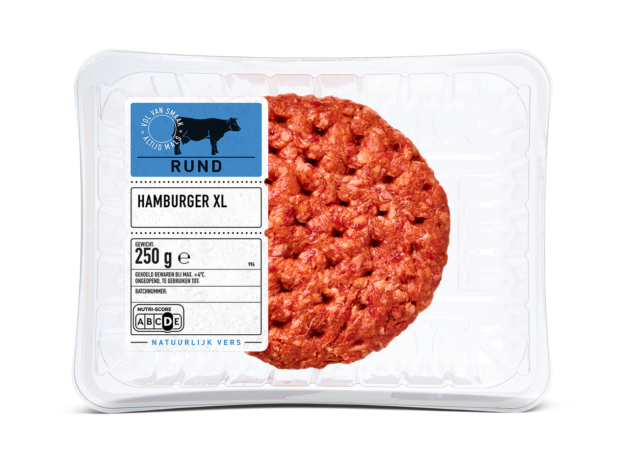 Verpakte XL runderhamburger van 250g met Nutri-Score C.
