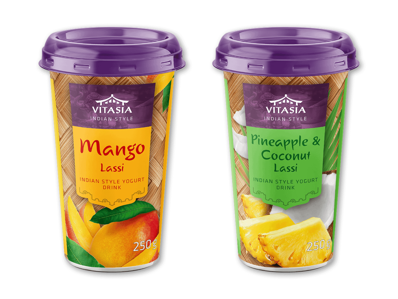 To indiske yoghurtdrikke: mango lassi og ananas-kokos lassi, begge 250g.