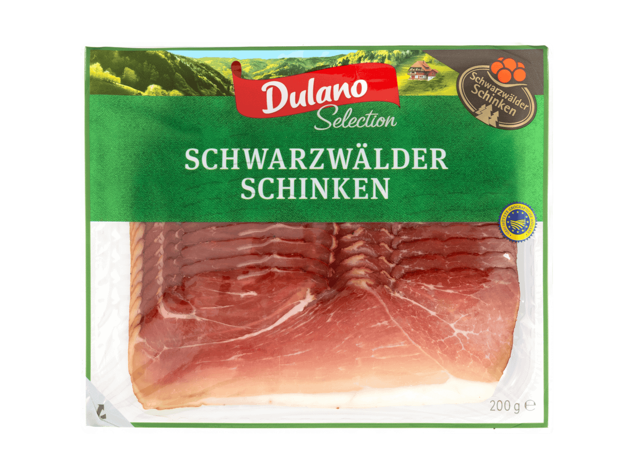 Verpackung mit Schwarzwälder Schinken, mit grüner Landschaft und einem Haus im Hintergrund.