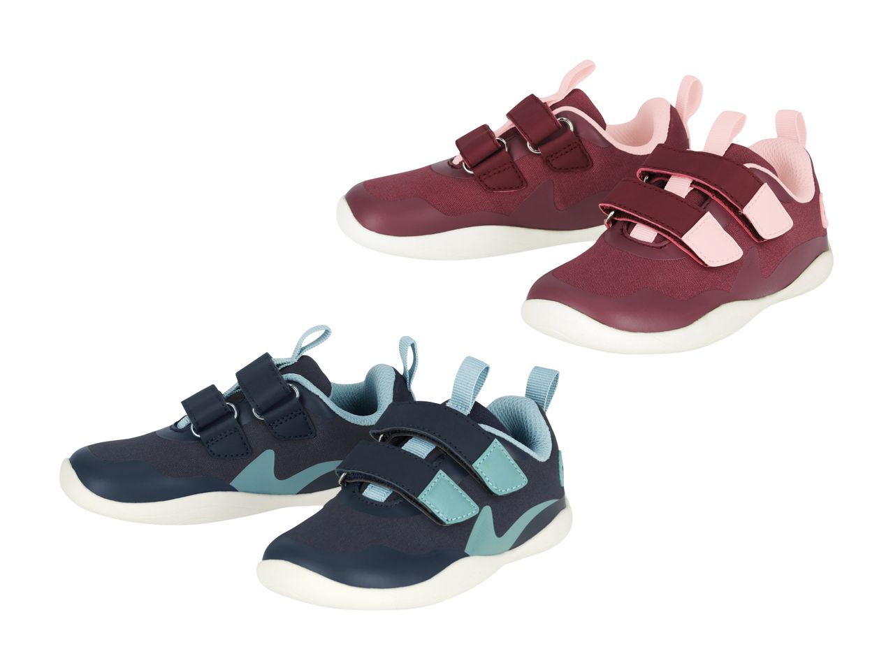 To par børnesneakers: et par i bordeaux og lyserød, og et par i mørkeblå og lyseblå.