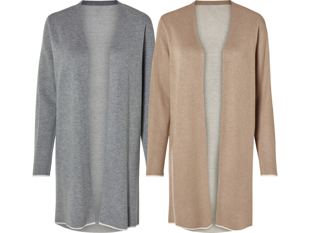 Två långa stickade koftor i grått och beige.