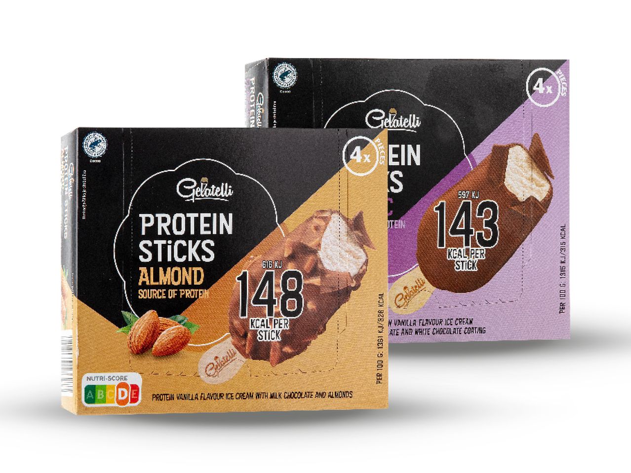 Dvije kutije Gelatelli proteinskih štapića, jedna s okusom badema i druga s okusom vanilije.
