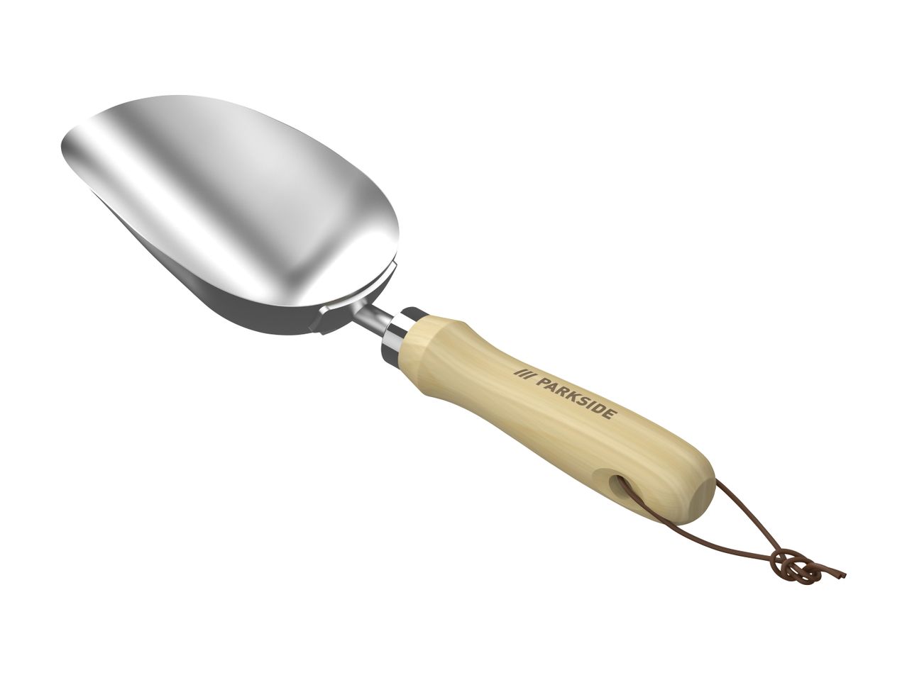 Garden hand trowel with a wooden handle and a metal scoop