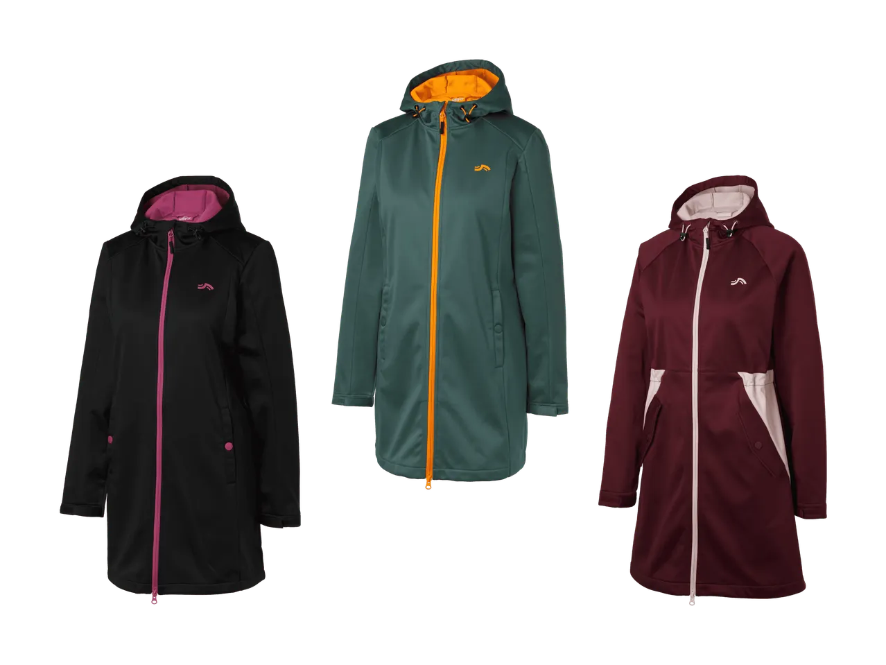 Drei Crivit Sportmäntel für Damen in Schwarz, Grün und Bordeaux.