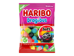 Roze zak met zachte, kleurrijke vegetarische snoepjes, met de tekst 'Share Size' en 'Soft'.