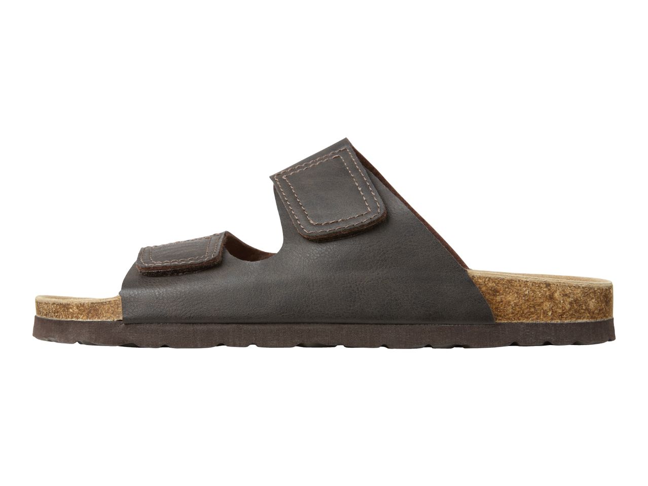 Dark brown leather Birkenstock-style sandals with cork soles.