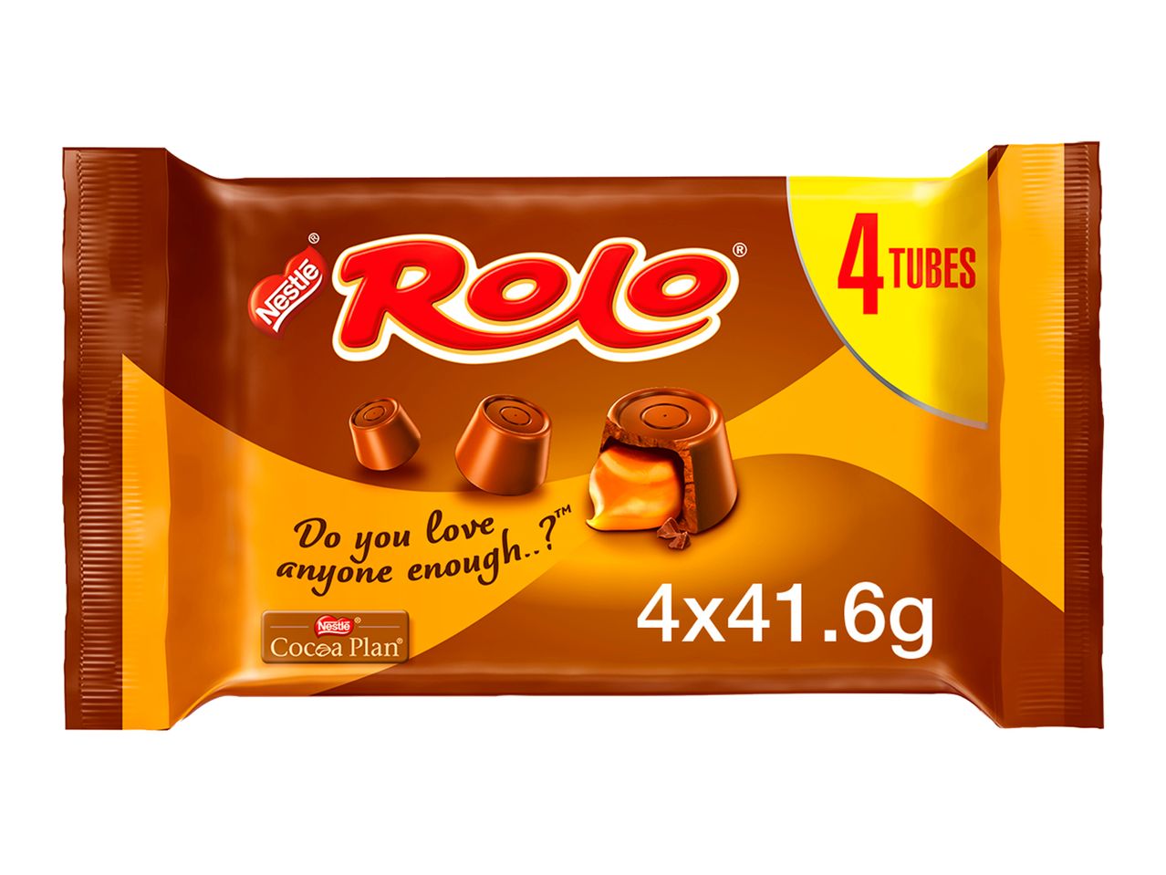 Chocolate caramel candies in a brown and yellow multipack, with a question 'Do you love anyone enough..?'