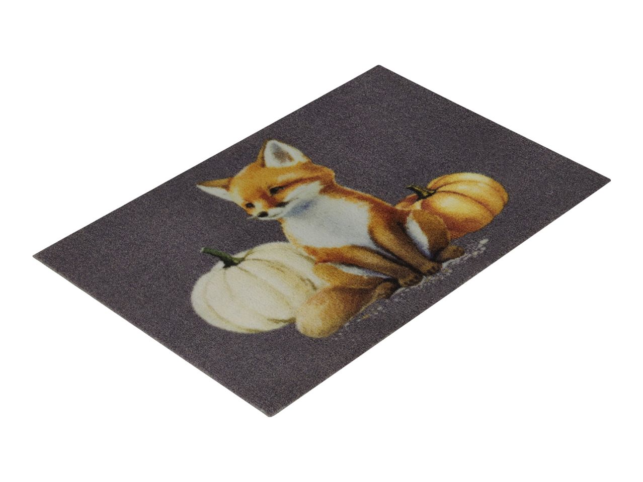 Autumn-themed doormat with a fox and two pumpkins on a dark background.