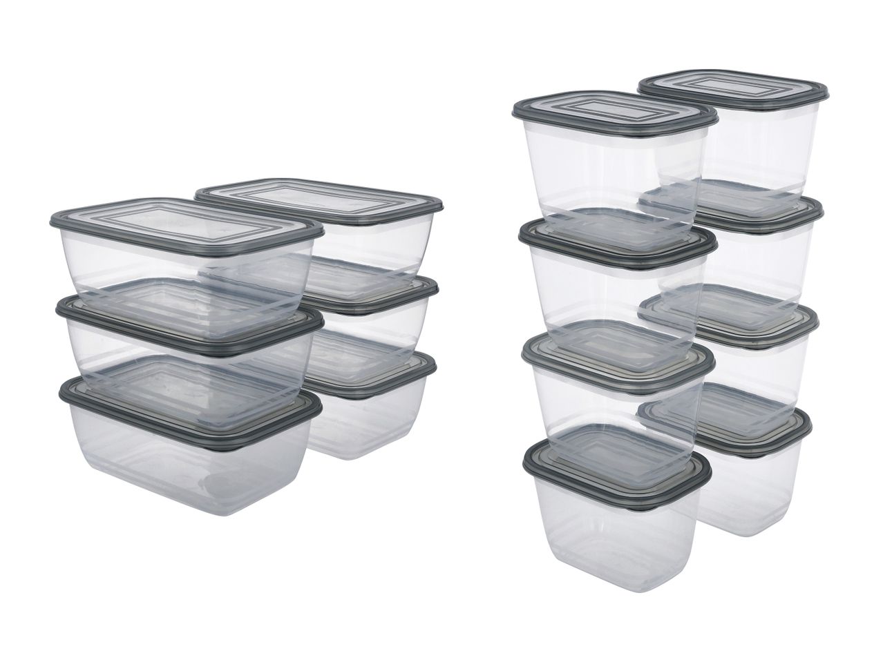 Stapelbare, rechteckige Frischhaltedosen mit grauen Deckeln in verschiedenen Größen.